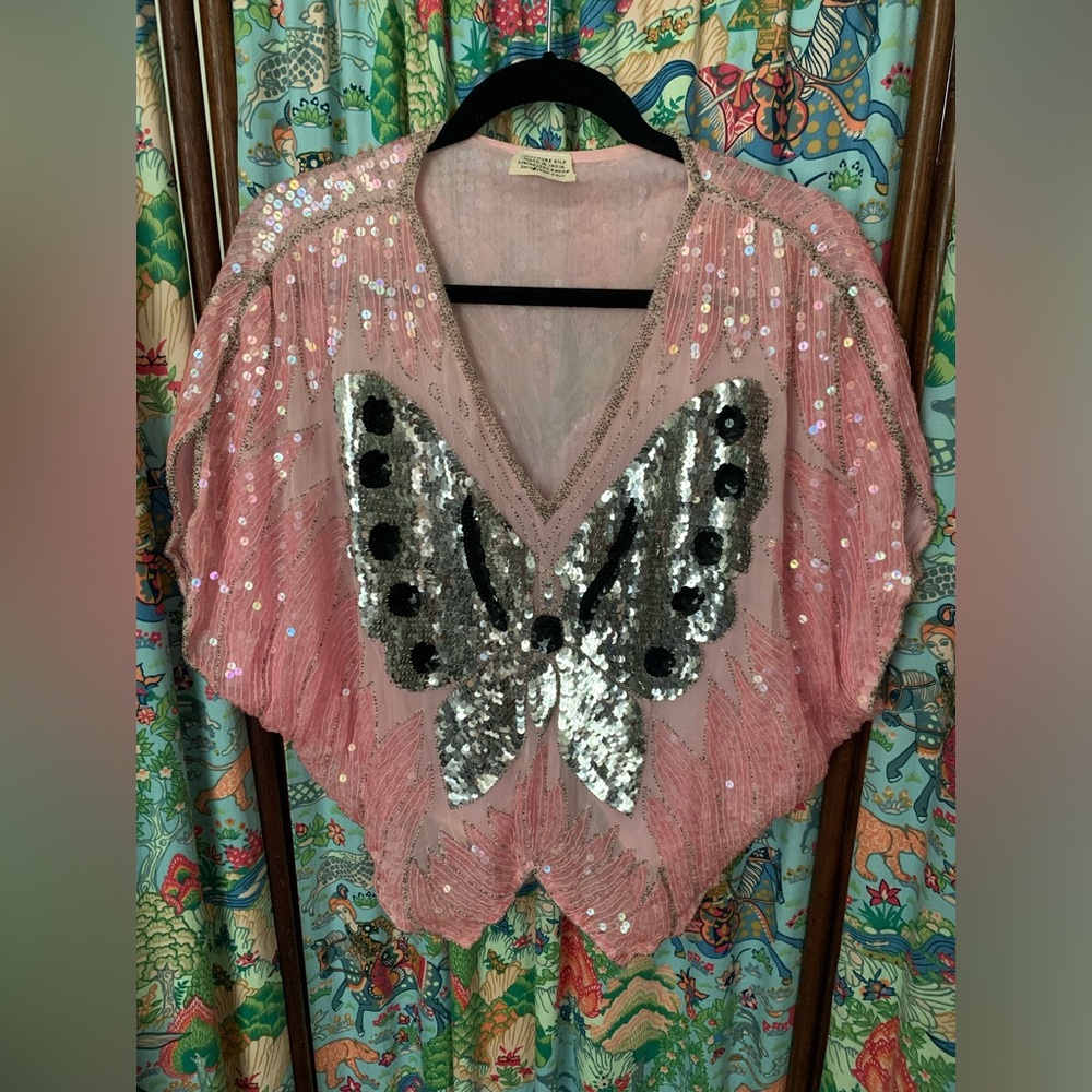 Vintage silk and sequins butterfly top